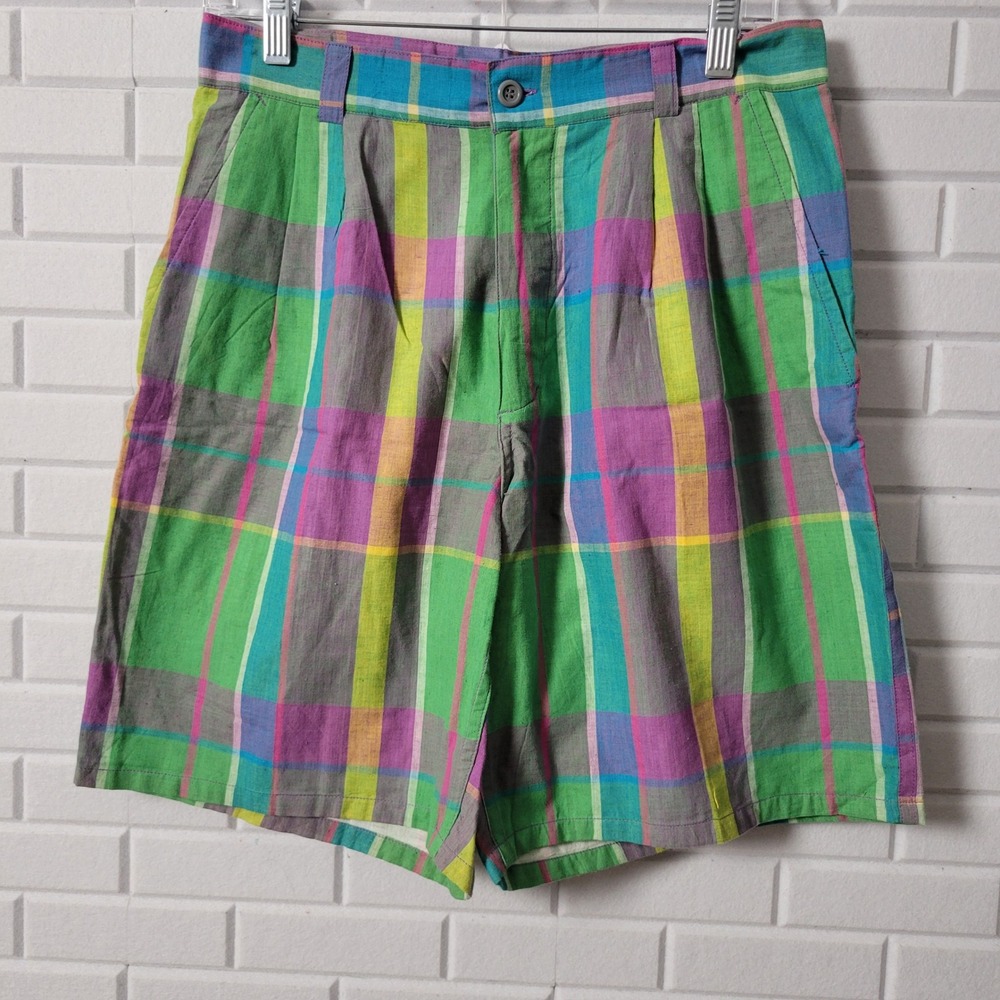 Vtg 1980s Mens Madras Plaid Shorts 32 Multi Color Pleated Cotton Lined Zeppelin